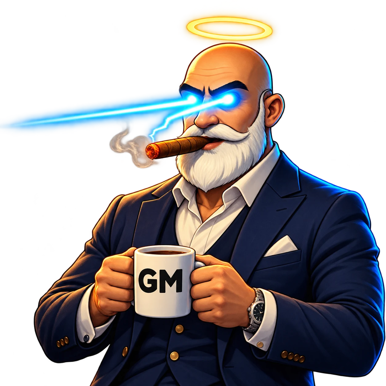 0xkalani character with laser eyes, a golden halo, a cigar and a GM mug